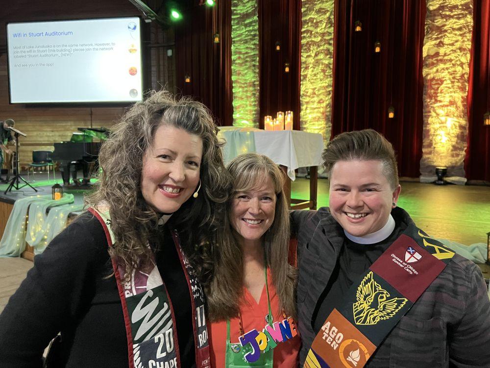 Spencer Joanne and Jess before opening worship at OMC Great Gathering Jess and Spencer are wearing camp stoles