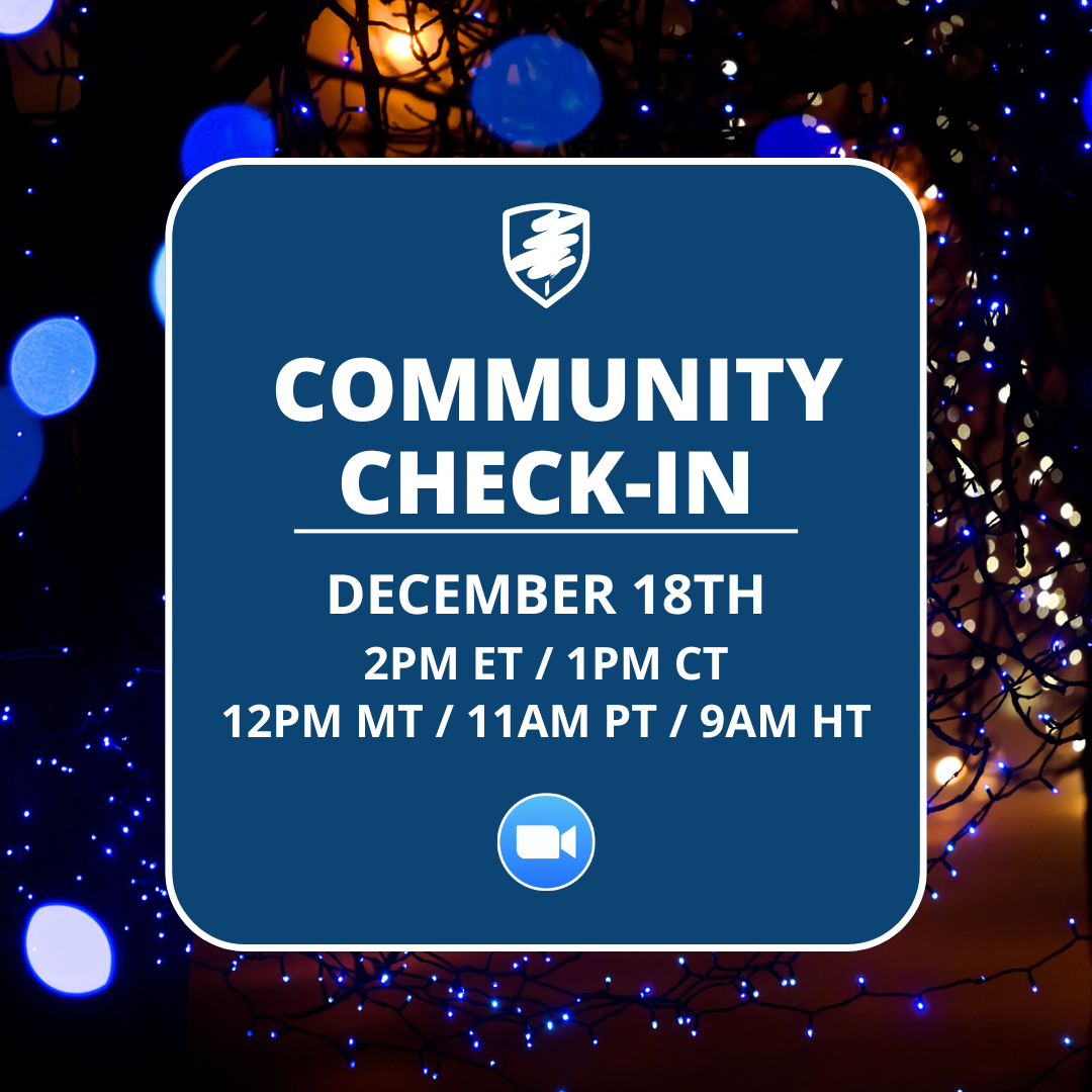 Community Check In December 18th 2PM ET 1PM CT 12PM MT 11AM PT 8AM HT written on a navy blue square that overlays a photo of blue Christmas lights