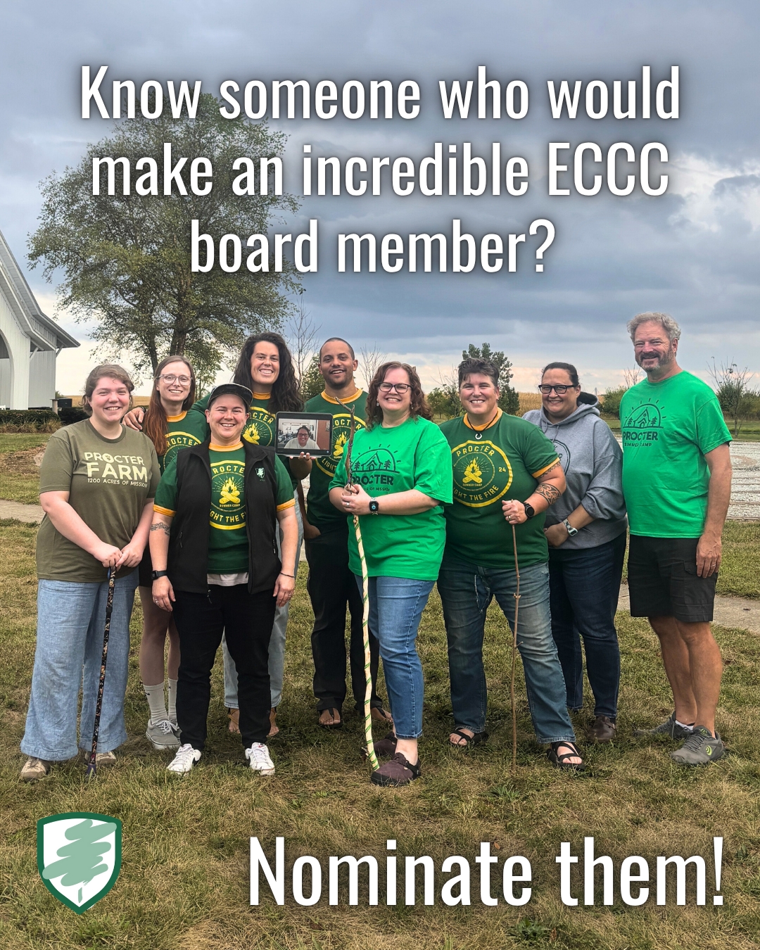 Most of the ECCC 2025 Board at Procter Center smiling for the camera Around them the image says Know someone who would make an incredible ECCC board member Nominate them