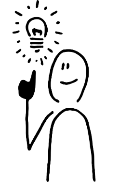Stick person pointing at light bulb above their head