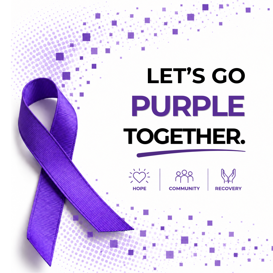 Graphic of a purple ribbon for Go Purple National Recovery Month, Let's Go Purple Together. Hope Community Recovery.