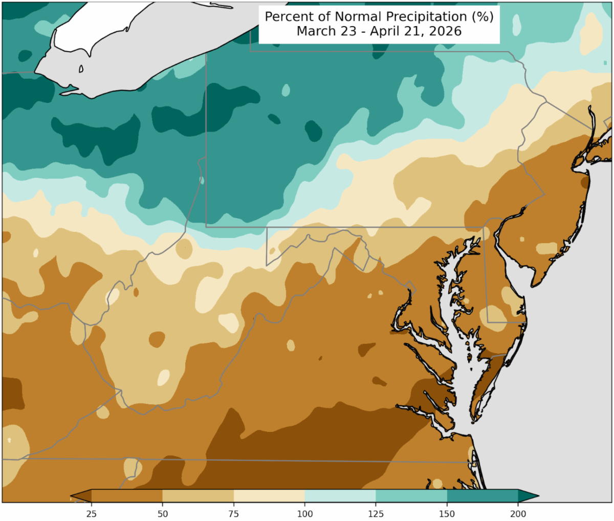 Percent of normal precipitation for March 23 through April 21. Precipitation was above normal in northwestern Pennsylvania and below normal in the rest of the Mid-Atlantic region.