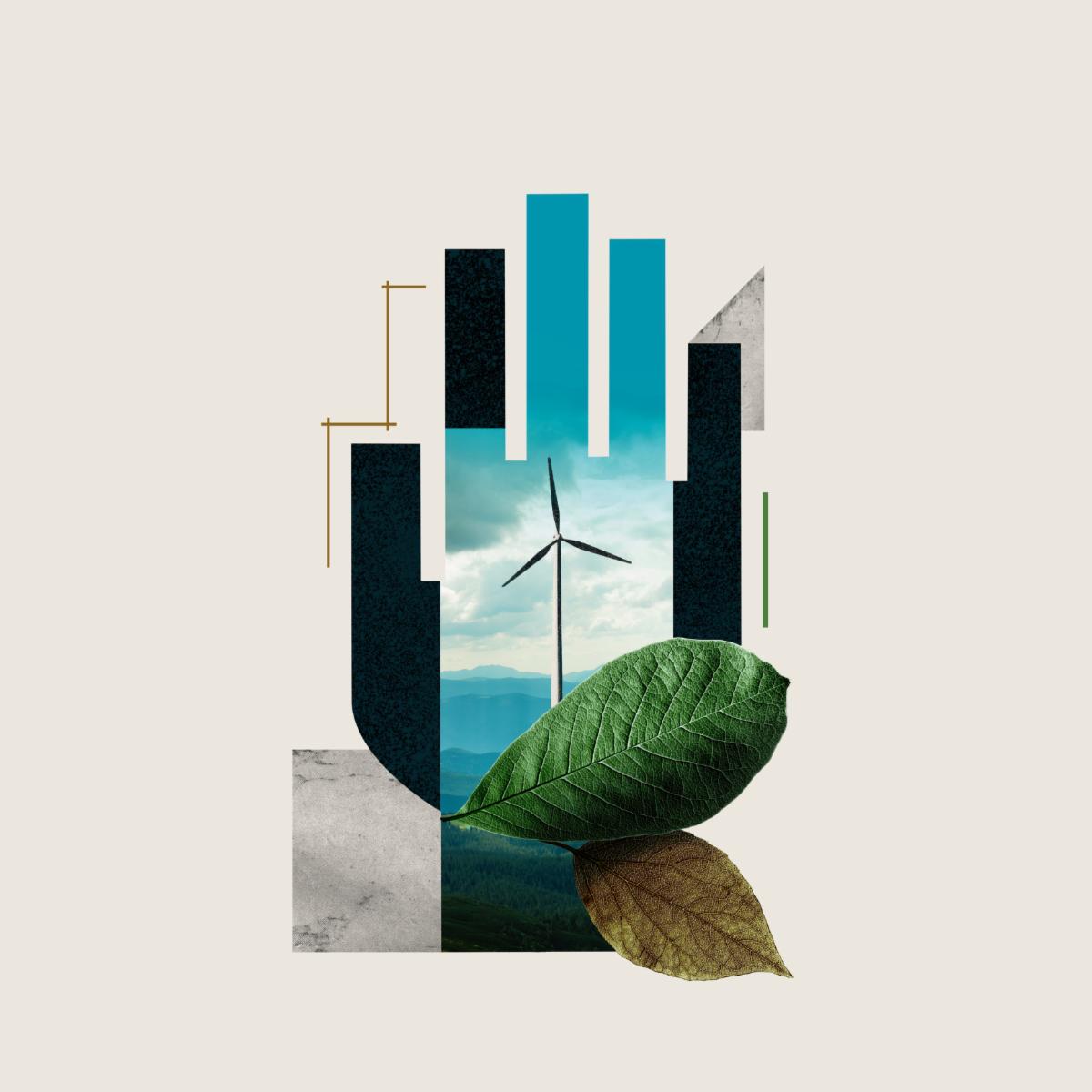 Minimalistic photo collage with a wind turbine a palm of hand silhouette and mountains in the background.