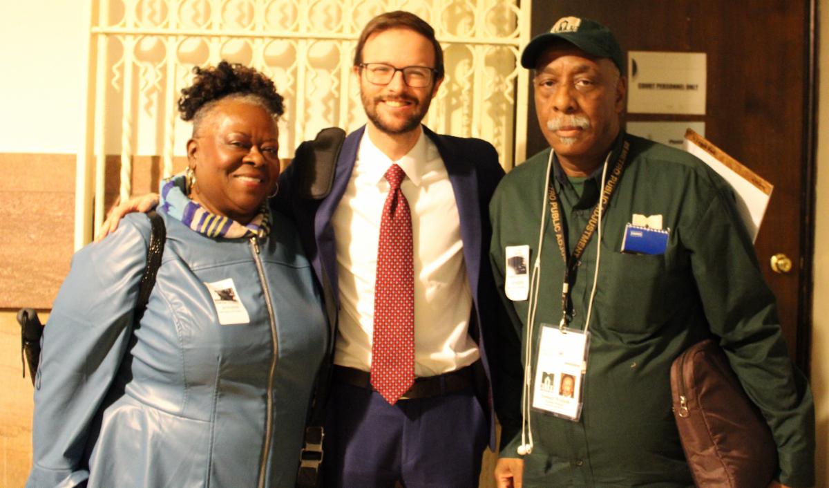 Law Center attorney George Donnelly _center_ with clients Diana Dukes and Samuel Wolfwolk_ residents of Brith Sholom