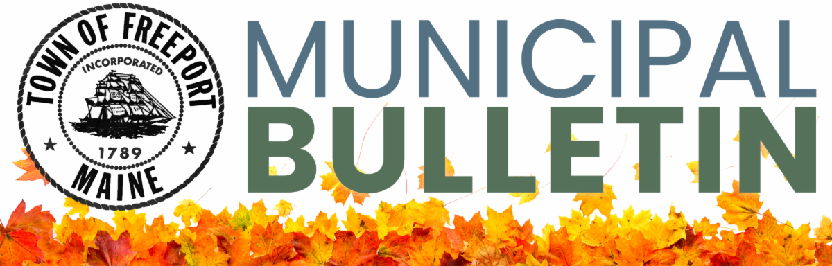 town of freeport seal and block letters municipal bulletin with cartoon falling leaves as a border