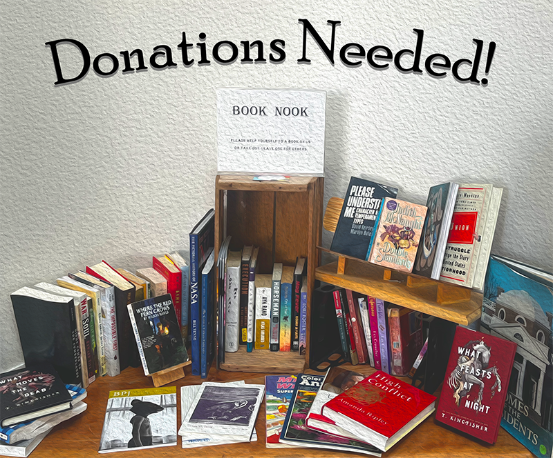 shelf of books with words donations needed arced over it