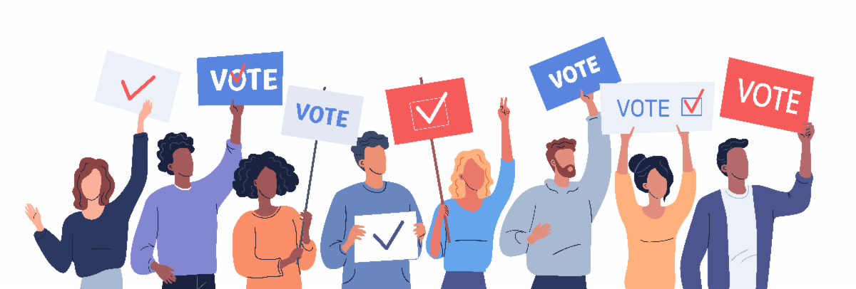 illustration of line of people holding vote signs