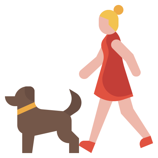 illustration of woman in dress walking a small brown dog