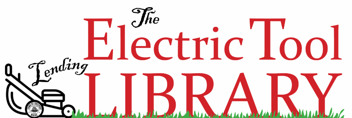 the electric tool lending library in alternating red type in block letters and black type in script w/a lawnmower cutting grass across the front