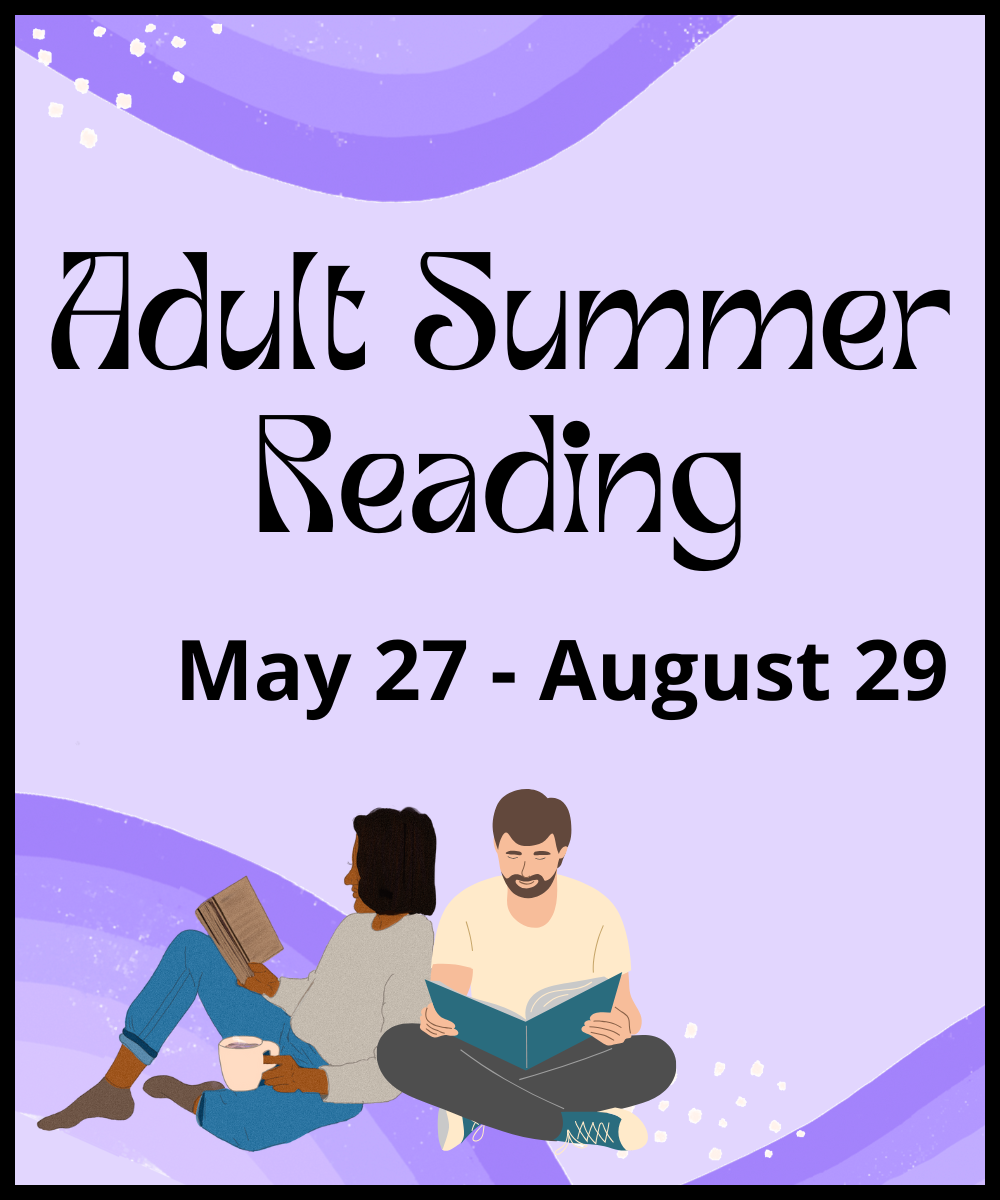 adult summer reading may 27-august 29 with illustration of two people sitting read books on a purple background