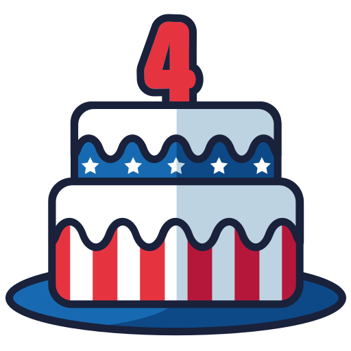 cartoon party cake with red white and blue frosting and a '4' candle
