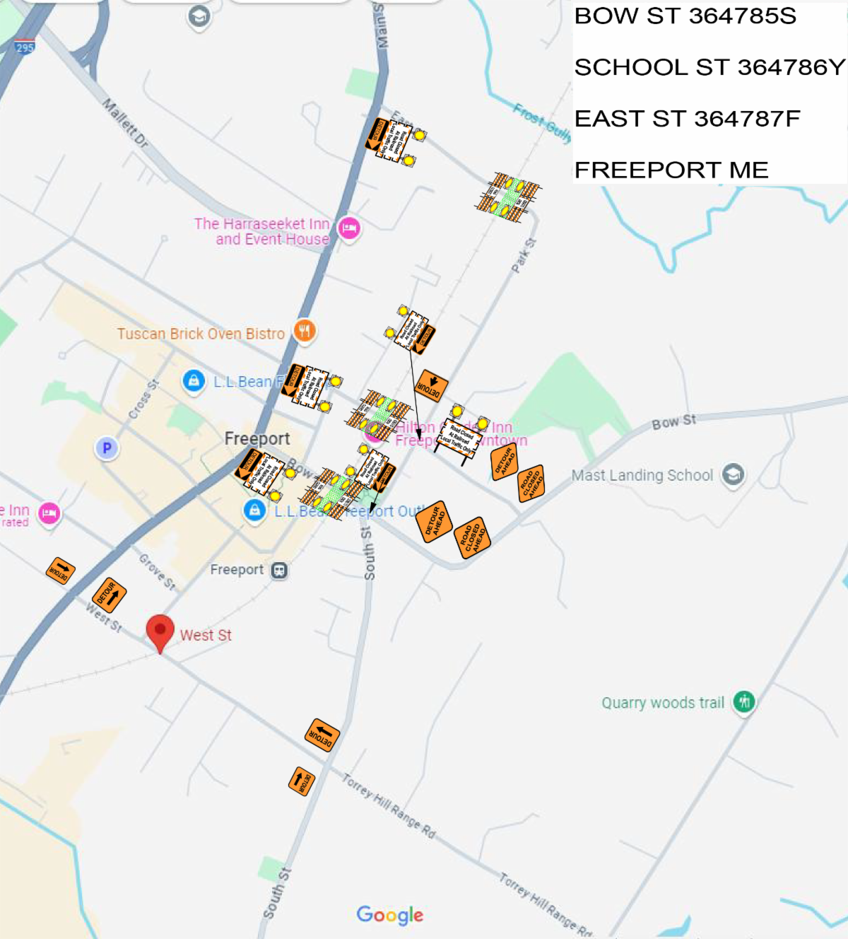 map of road closures for june 2025 rail tie project. contact egibson@freeportmaine.com for more information