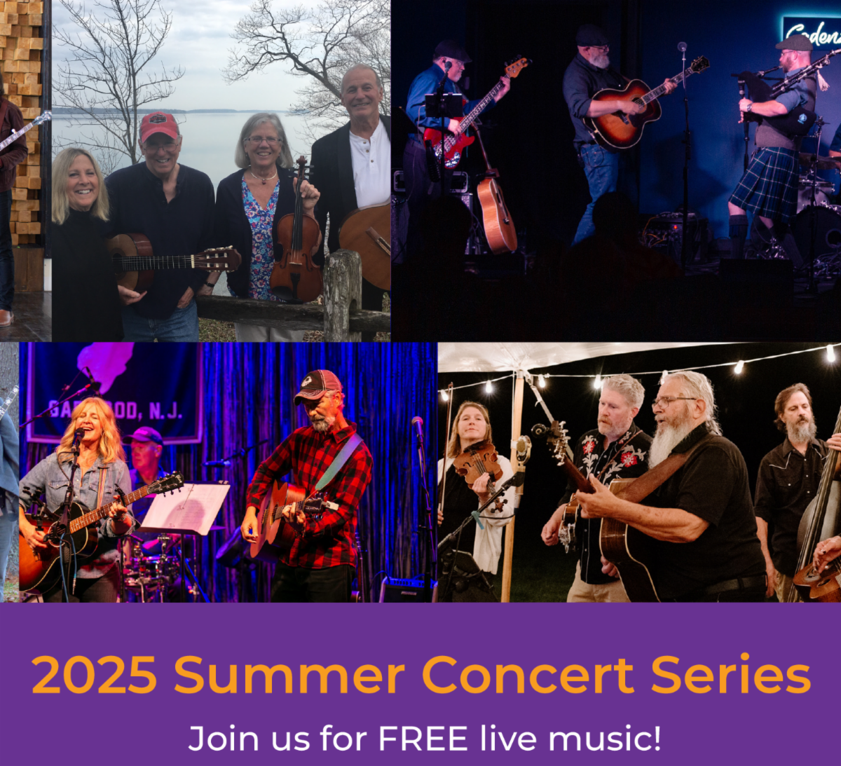 Collage of four images of americana style bands and 2025 Summer Concert Series