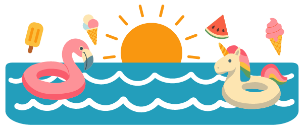 a cartoon the ocean with floaties and the sun