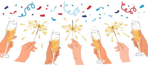 a cartoon of hands holding up glasses of champagne and sparklers 