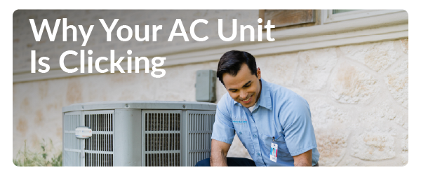 why is your AC unit clicking banner showing a maintenance worker and an AC unit