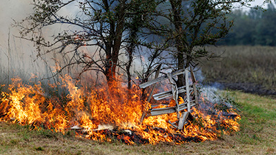 A fence is on fire with trees in the background.