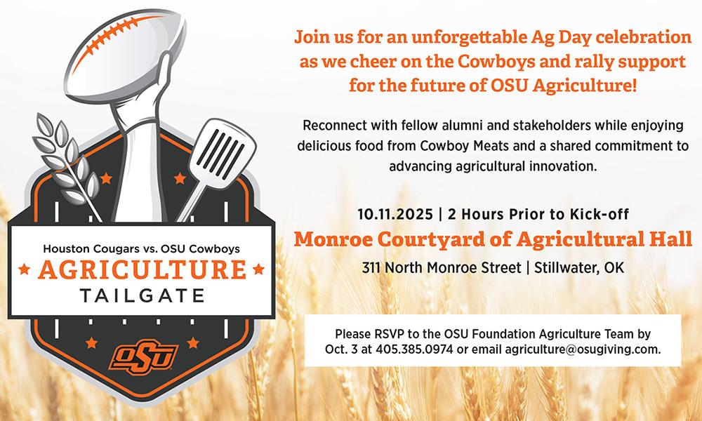 Invitation to attend the OSU Agriculture tailgate on October 11 at Ag Hall two hours before kickoff.