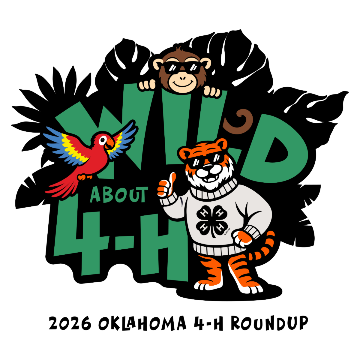 “Wild About 4-H” logo featuring a cartoon tiger, monkey, and parrot surrounded by tropical leaves, highlighting a fun wildlife-themed 4-H roundup event.