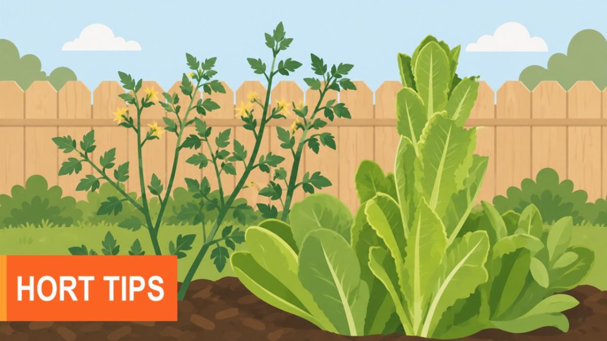 Illustration of a backyard vegetable garden with lettuce and tomato plants growing in rich soil, highlighting seasonal garden tips for mid- to late-May such as planting, watering, and pest monitoring.