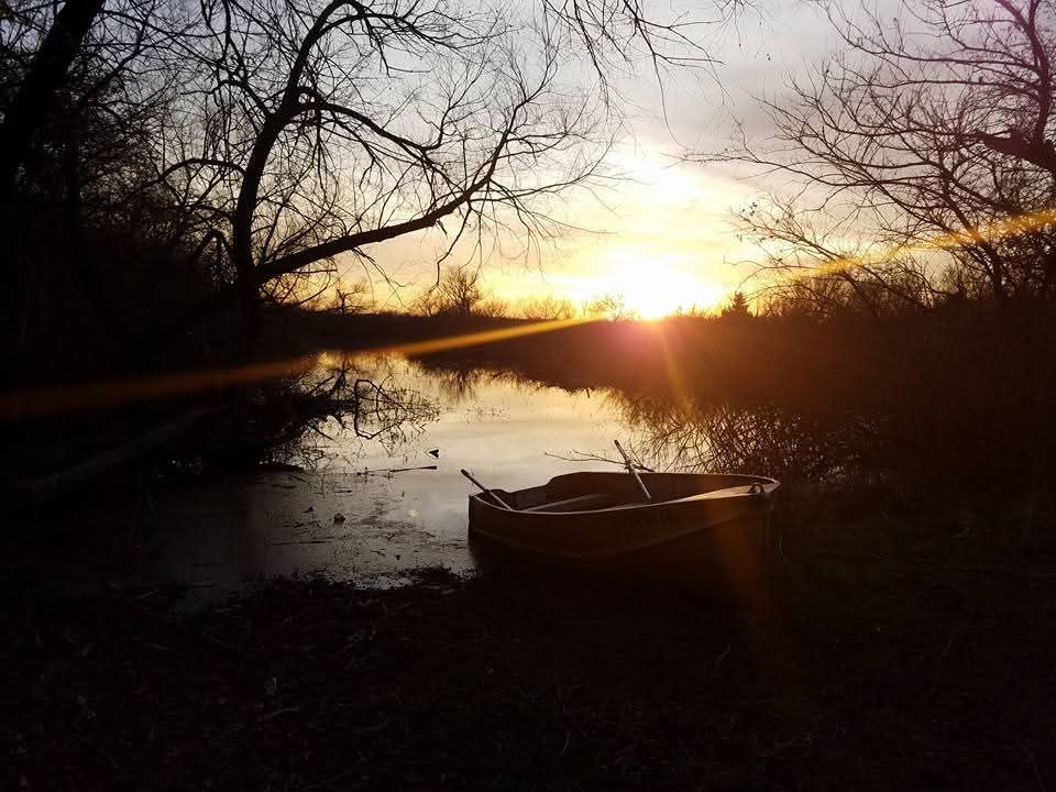 A picture of a rowboat on the shore of a small lake in the backyard of a Blaine County resident in Canton, OK.