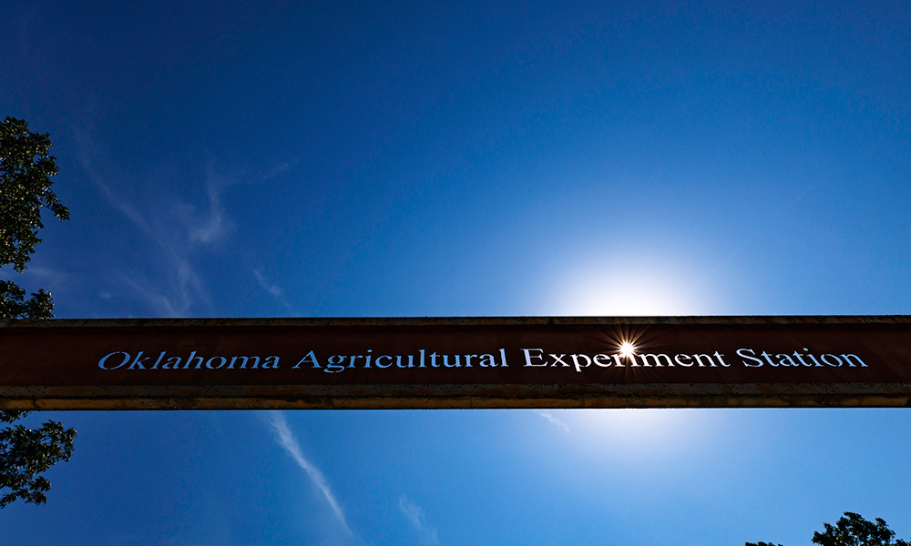 The sun shines through the Oklahoma Agricultural Experiment Station sign.