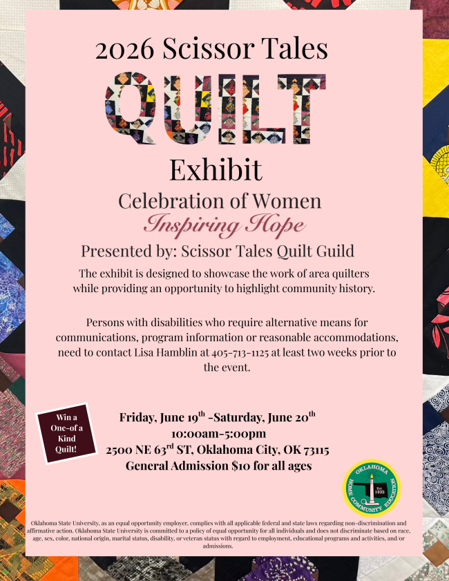 Flyer for the Scissor Tales Quilt Guild exhibit titled ‘Celebration of Women Inspiring Hope,’ held June 19–20 in Oklahoma City, featuring quilt displays, a raffle for a one-of-a-kind quilt, and $10 general admission.