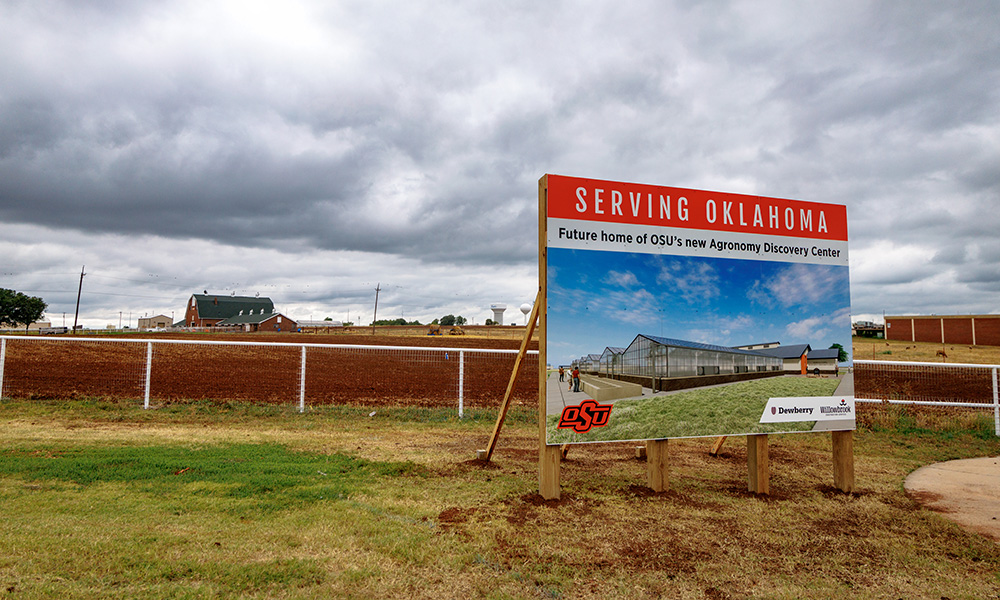 A large sign showing the future home of OSU's Agronomy Discovery Center.