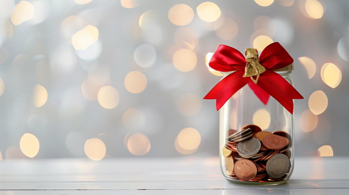 Glass jar filled with assorted coins sitting on a white wooden surface. The jar is decorated with a large red ribbon and gold bow around the lid, giving it the appearance of a gift. The background features soft, out-of-focus white and gold lights (bokeh effect), creating a festive holiday atmosphere. The jar is positioned on the right side of the image, with ample empty space on the left for text or graphic placement.