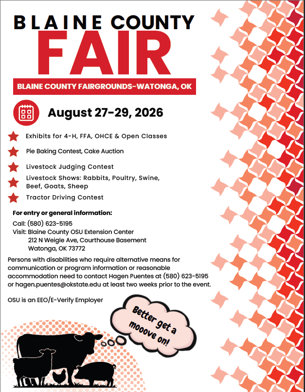 Flyer promoting the Blaine County Fair at the Blaine County Fairgrounds in Watonga, Oklahoma, August 27-29, 2026. Activities include exhibits for 4-H, FFA, OHCE and open classes, a pie baking contest and cake auction, livestock judging, livestock shows featuring rabbits, poultry, swine, beef, goats, and sheep, and a tractor driving contest. Contact information for the Blaine County OSU Extension Center is provided. Decorative livestock silhouettes appear at the bottom of the flyer.