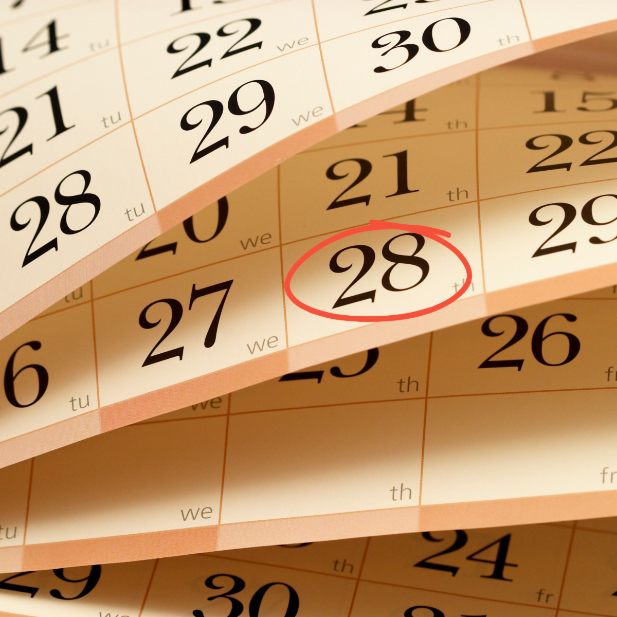 Yellowing pages of a calendar with an unknown year.