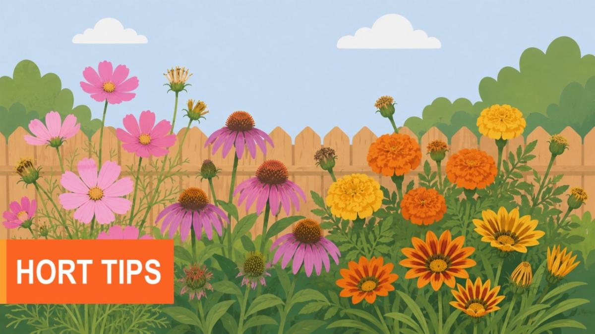 Illustrated gardening banner featuring a colorful flower bed in front of a wooden fence. The garden contains pink cosmos, purple coneflowers, orange and yellow marigolds, and orange-striped gazania flowers surrounded by green foliage. Trees and white clouds appear in the background against a light blue sky. An orange rectangle in the lower left corner contains the text "HORT TIPS" in white capital letters.