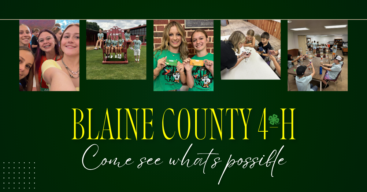 Promotional graphic for Blaine County 4-H featuring a dark green background with five photos across the top showing youth participating in 4-H activities, including group events, camp experiences, project learning, recognition programs, and hands-on educational workshops. Centered below the photos is the text “BLAINE COUNTY 4-H” in large yellow lettering with the 4-H clover emblem, followed by the slogan “Come see what’s possible” in white script. The design highlights opportunities for learning, leadership, friendship, and personal growth through 4-H programs.