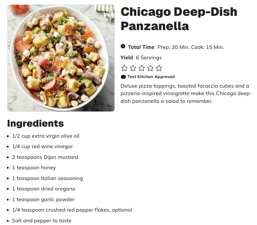 Recipe page for Chicago Deep-Dish Panzanella from Taste of Home. The page features a large photo of a panzanella salad in a white bowl containing toasted bread cubes, sliced tomatoes, red onion, mozzarella pearls, green vegetables, and seasonings. Alongside the photo, the recipe details list a total preparation and cooking time of 35 minutes and a yield of 6 servings. A description explains that pizza-inspired toppings, toasted focaccia cubes, and a pizzeria-style vinaigrette create a flavorful salad. Below, the ingredient list begins with olive oil, red wine vinegar, Dijon mustard, honey, Italian seasoning, oregano, garlic powder, red pepper flakes, salt, and pepper.