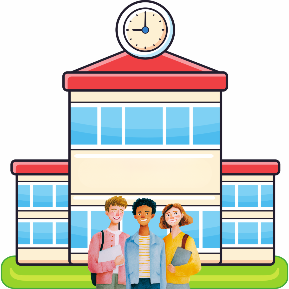 Illustration of a school building with a large clock centered above the entrance. The building has a red roof, cream-colored walls, and blue windows, with green grass in the foreground. Three students stand in front of the building holding school materials and backpacks. The graphic uses bright colors and a simple, friendly design to represent education, learning, and the start of the school year.