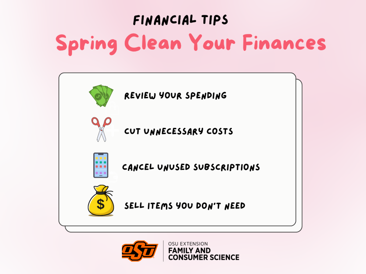 Graphic titled “Financial Tips: Spring Clean Your Finances” with four tips listed alongside icons: review your spending (cash), cut unnecessary costs (scissors), cancel unused subscriptions (phone apps), and sell items you don’t need (money bag). Includes OSU Extension Family and Consumer Sciences logo at the bottom.