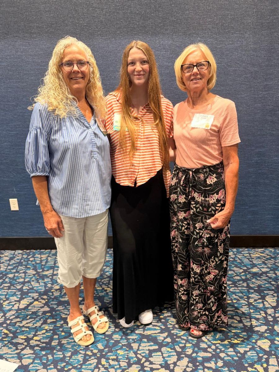 OHCE member Lisa Nelson (left), FCS Educator Ally Fuqua (center), and Janice Hood (right) pose together at the annual Oklahoma OHCE State Meeting. Janice was honored for 50 years of membership and service to Oklahoma Home and Community Education.