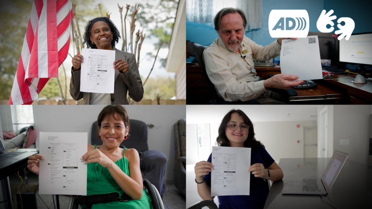 Four voters with disabilities holding up sample ballots.