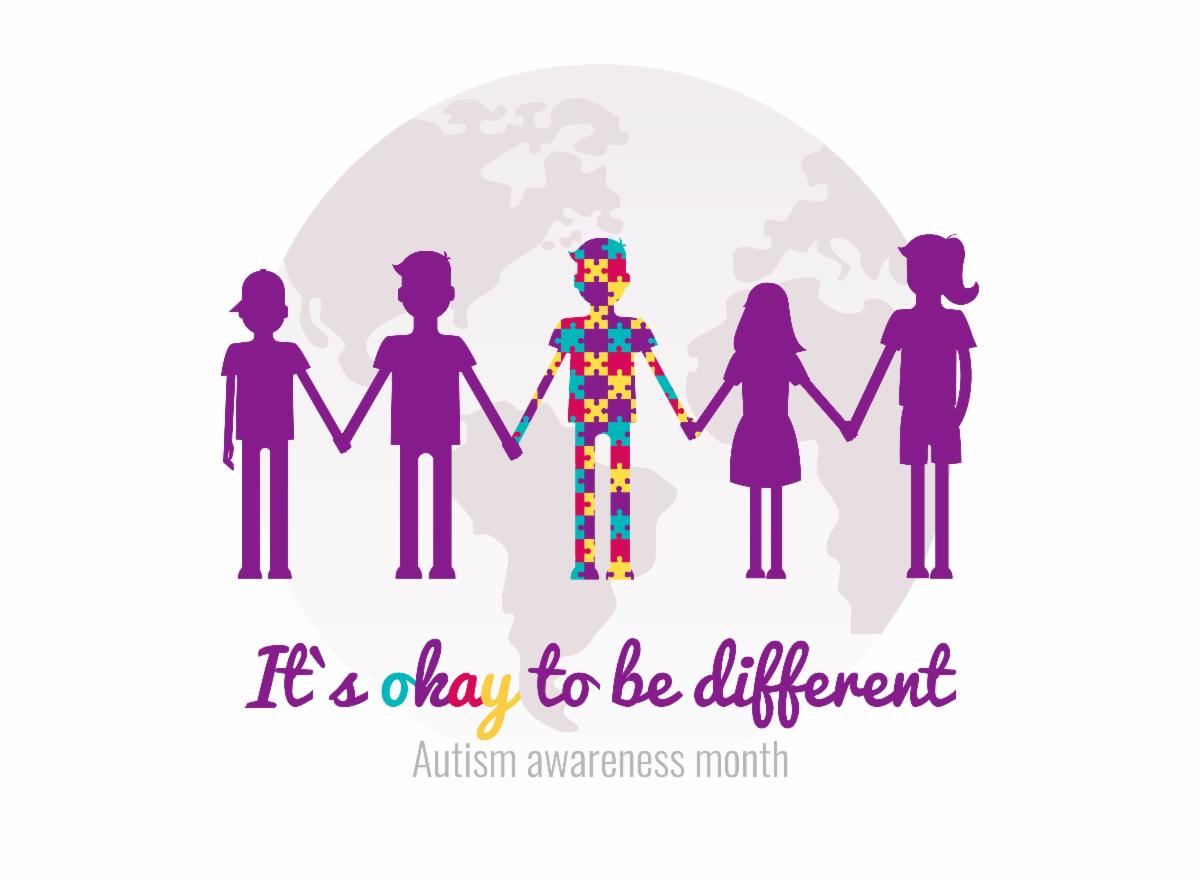an image of five silhouetted purple figures holding hands with the middle figure displayed as colorful puzzles pieces in front of gray watermark of the world, the words beneath the figures read; It's okay to be different, Autism Awareness Month