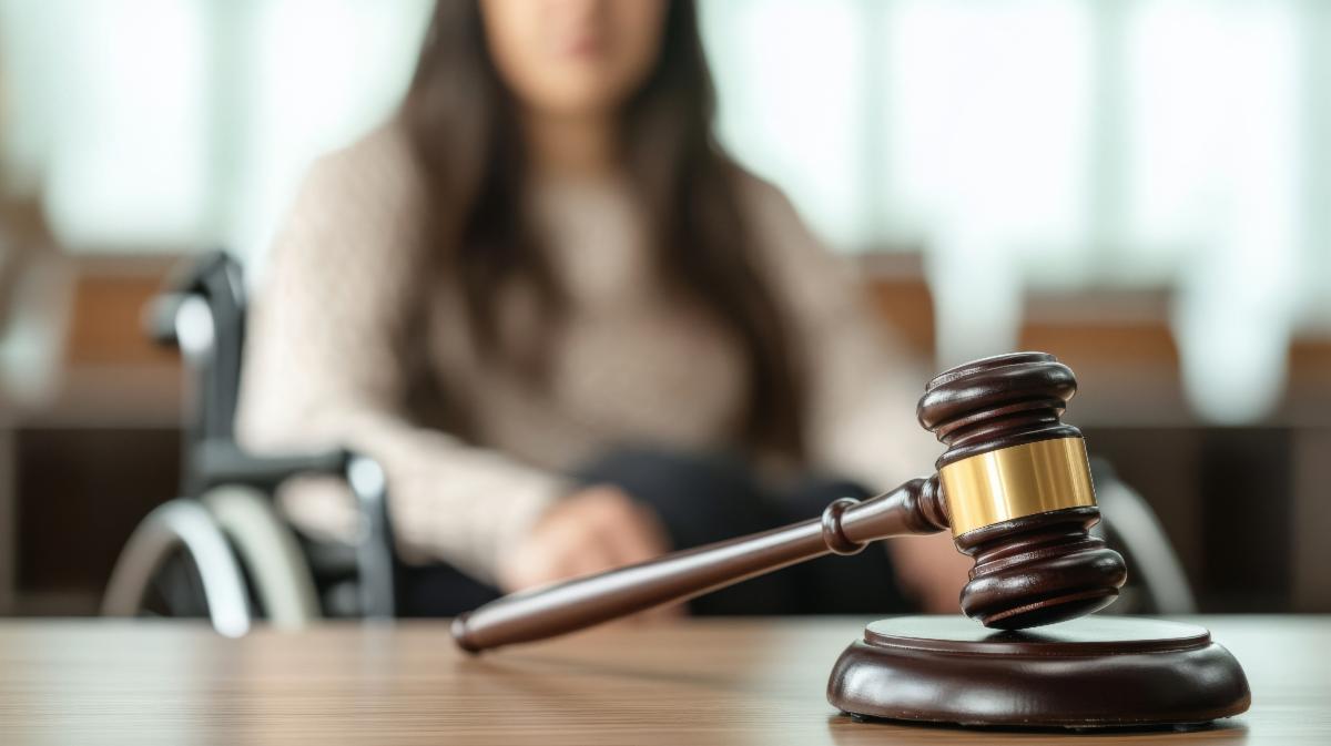 an image of a judges gavel sitting on a desk with a blurred image of a woman sitting in a wheelchair