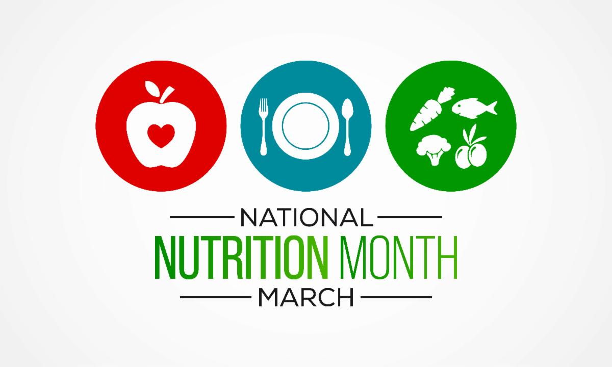 A white background with three colorful circles; on the left a red circle with a white apple and a red heart in the apple, center is a blue circle with a white dinner plate and utensils, on the right is a green circle with white vegetables. Under the circle are the words National Nutrition Month March