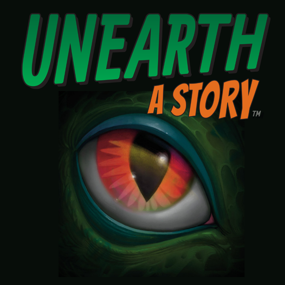 Square graphic of a dinosaur eye and a black background. Text reads Unearth a Story.