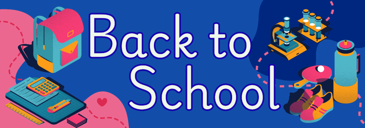 A blue banner reading "Back to School" featuring isometric illustrations of school supplies