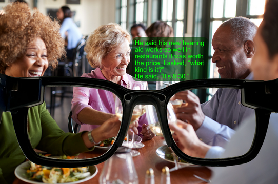 A group of people at a restaurant seen through a pair of glasses, with green text captioning the conversation floating in the field of view. 
