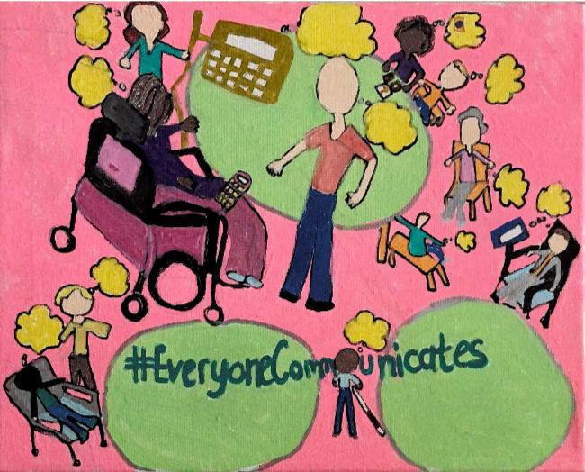 pink background a picture of inclusion where #EveryoneCommunicates has people in community some using ASL, some talking and some using assisted technology to communicate.