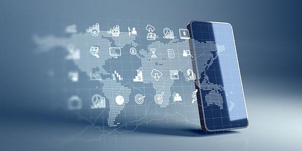 Smartphone with world map and FinTech icons