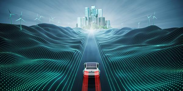 Car with QuantumScape battery driving to futuristic city