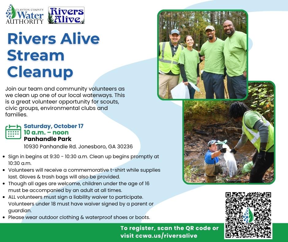 Clayton County Water Authority invites residents to join our team and community volunteers as we clean up one of our local waterways, on October 17, 2026 at Panhandle Park at 10a