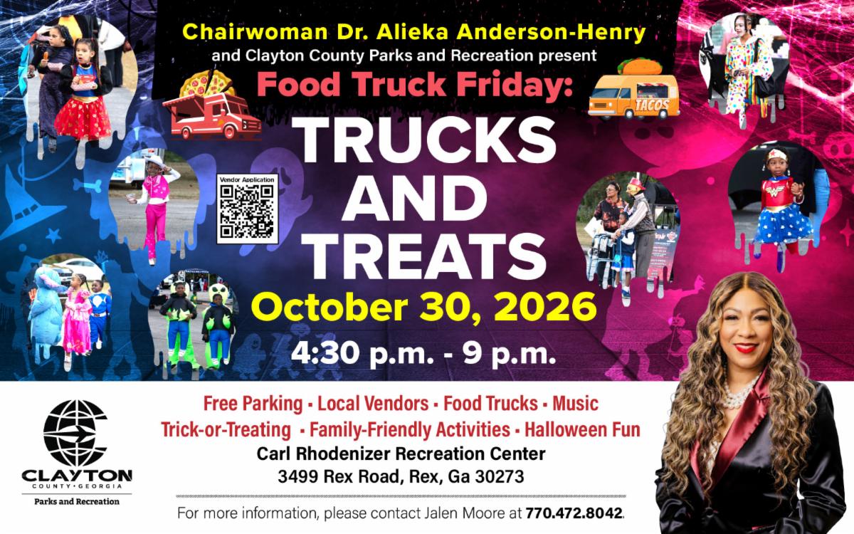 Celebrate Halloween with Chairwoman Dr. Alieka Anderson-Henry and Clayton County Parks and Recreation at Food Truck Friday: Trunks and Treats on Friday, October 30, 2026, from 4:30 p.m. to 9 p.m. The event will be held at Carl Rhodenizer Recreation Center