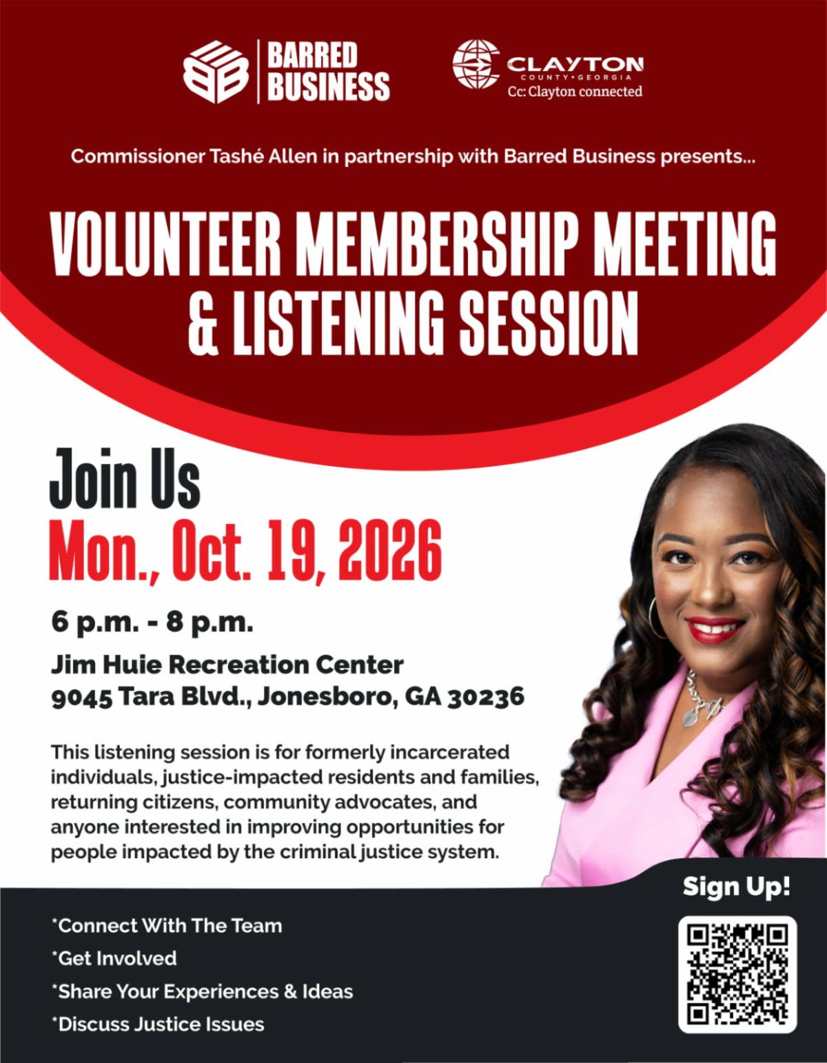 Commissioner Allen hosts a Volunteer Membership Meeting & Listening Session focused on the experiences of formerly incarcerated individuals, justice-impacted residents and families, returning citizens, and community advocates.